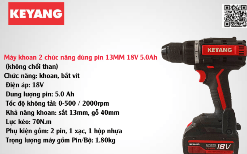 Máy khoan pin 2 chức năng 13MM 18V 5.0AH DD20BLA-70C có lực kéo tới 70N.m