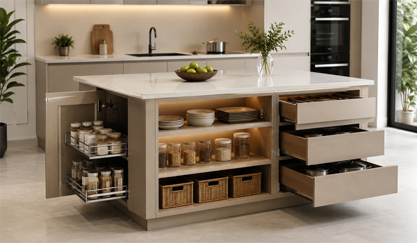 Bàn đảo bếp giúp tối ưu không gian lưu trữ