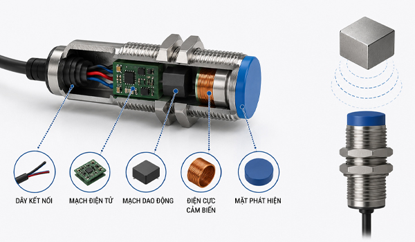 Cảm biến điện dung được cấu thành từ nhiều bộ phận khác nhau