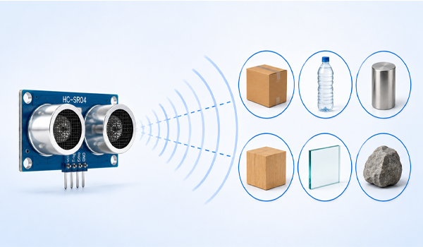 Cảm biến siêu âm có thể phát hiện nhiều vật liệu khác nhau như kim loại, gỗ, thuỷ tinh,...