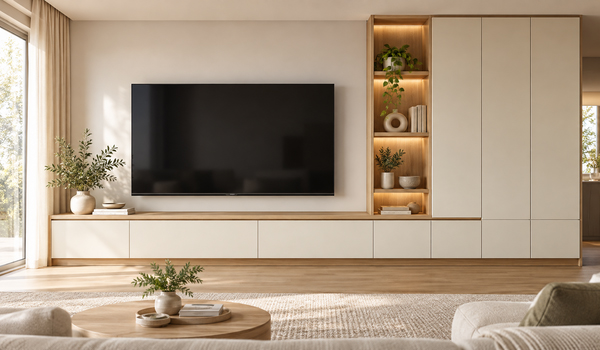 Kệ tivi kết hợp tủ lưu trữ giúp tận dụng diện tích hiệu quả